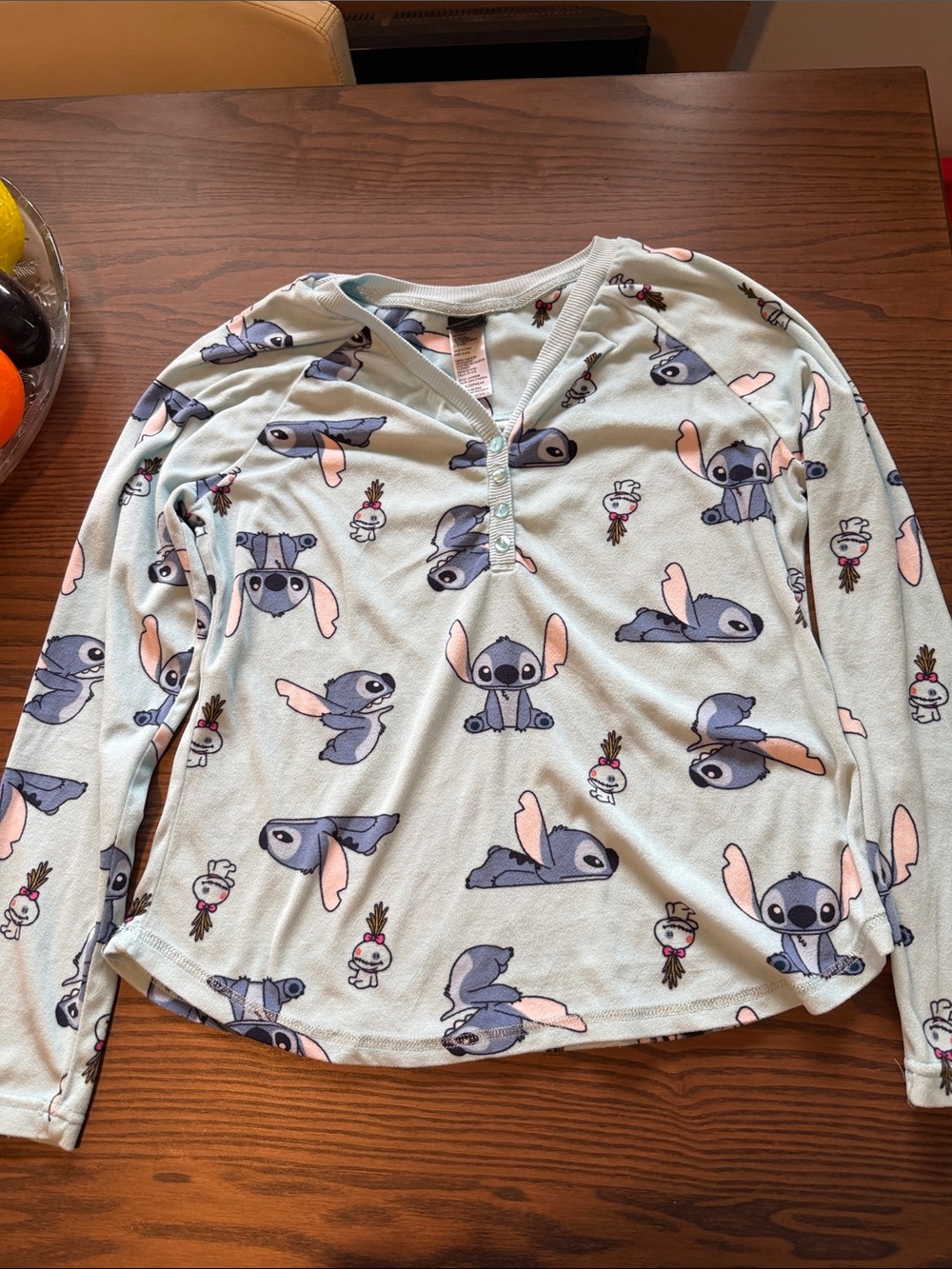 Disney Girls Light Blue and Pink Stitch Pattern Long Sleeve Pajama Top
